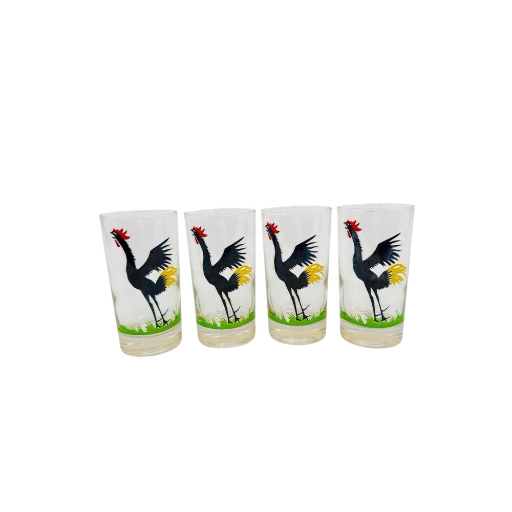 Federal Glass Rooster Glasses Cocktail Tom Collins 12oz Set of 4 Black Crowing